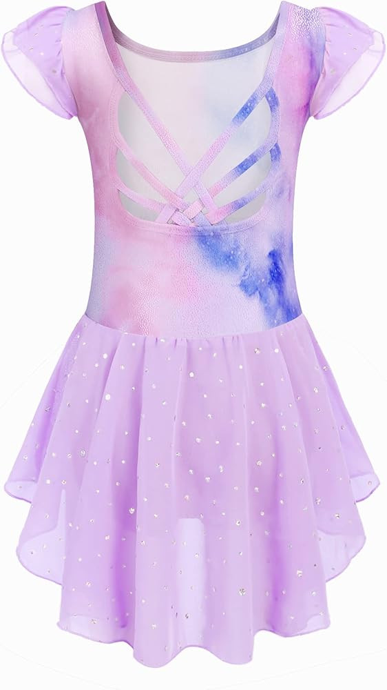 Arshiner Girls Shiny Ruffle Sleeve Ballet Leotard with Skirt Criss-Cross Back Dance Dresses | Amazon (US)