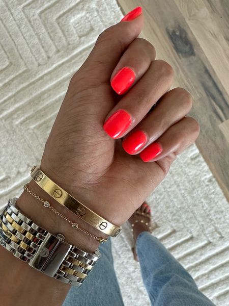 Coral red/orange nails gold bracelets watch band two tone gold 

#LTKunder100 #LTKstyletip #LTKunder50