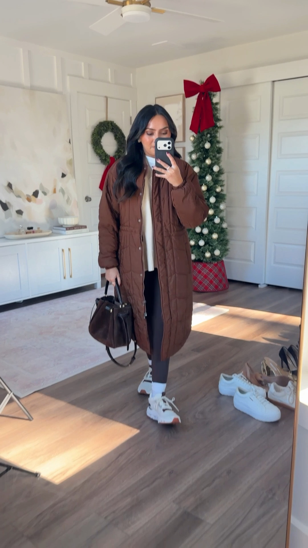 White tee size xs petite TTS
Brown puffer coat size xs TTS 
Sweater - old, similar linked
Leggings size 6, 25” inseam I size up 2 sizes for a comfortable waistband
Sneakers size 6.5 TTS 

#LTKdayinmylife #LTKPetite #LTKTravel