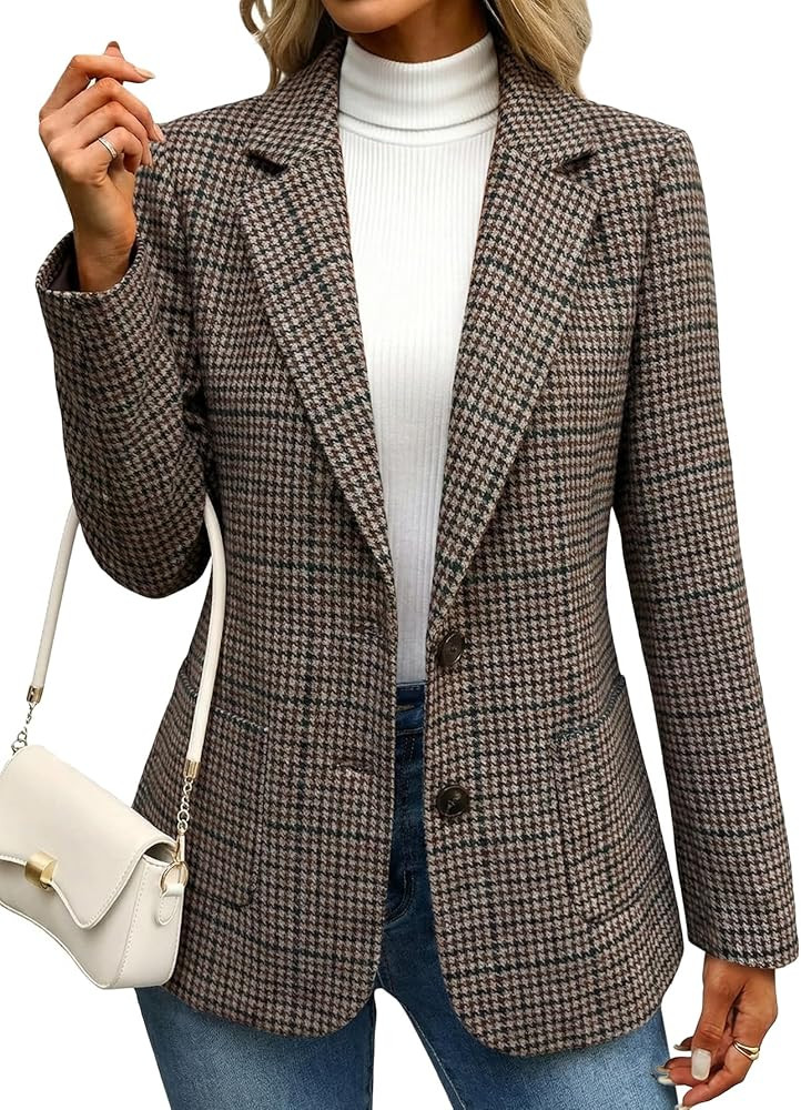 Mina Self 2026 Women's Tweed Houndstooth Blazer - Plaid Fully Lined Work Casual Office Jackets Su... | Amazon (US)