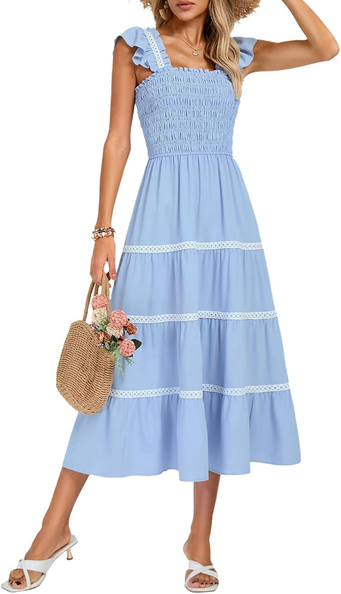 Kate Kasin Womens 2025 Summer Casual Dress Sleeveless Square Neck Smocked Ruffle Boho Flowy Maxi ... | Amazon (US)