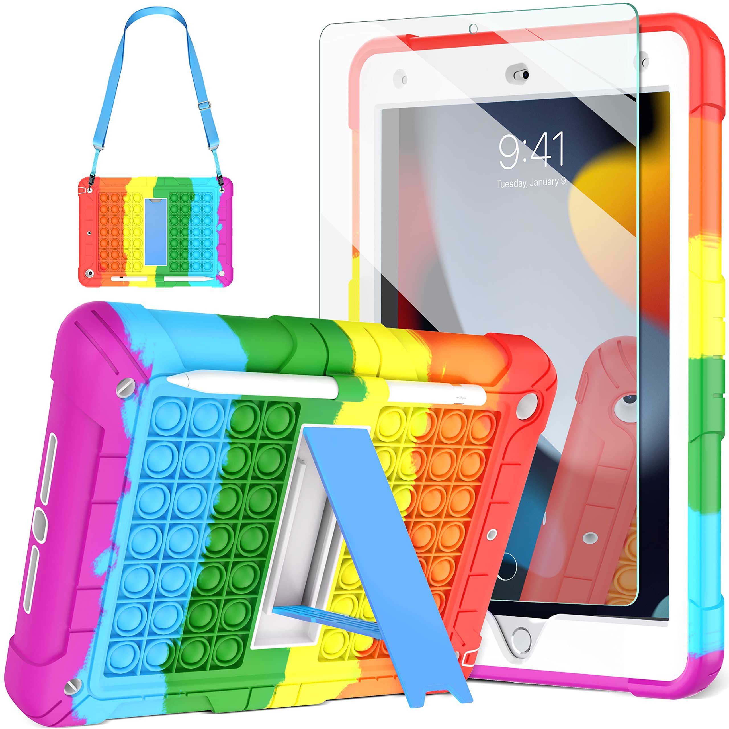 iPad 9th/8th/7th Generation Case 10.2 with 9H Tempered Glass Screen Protector Pencil Holder Kickstand&Shoulder Strap for Kids| Ambison Push Popit Fidget Case for iPad 10.2 inch 2021/2020/2019-Blue | Amazon (US)
