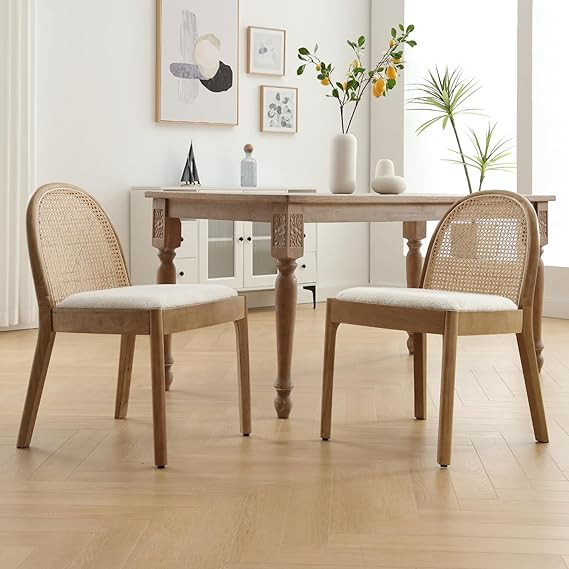 HEAH-YO Rattan Dining Chairs Set of 2, Upholstered Fur Fabric Dining Room Chairs with Backrest an... | Amazon (US)