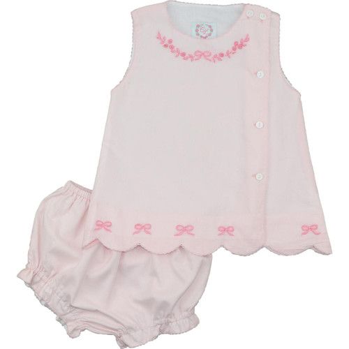 Pink Embroidered Bow Scalloped Diaper Set  - Shipping Late March | Cecil and Lou