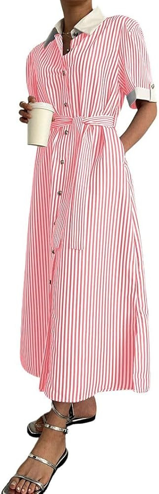 chouyatou Women's Boho Striped Belted Shirt Dress Dressy Casual Short Sleeve Button Down Midi Lon... | Amazon (US)