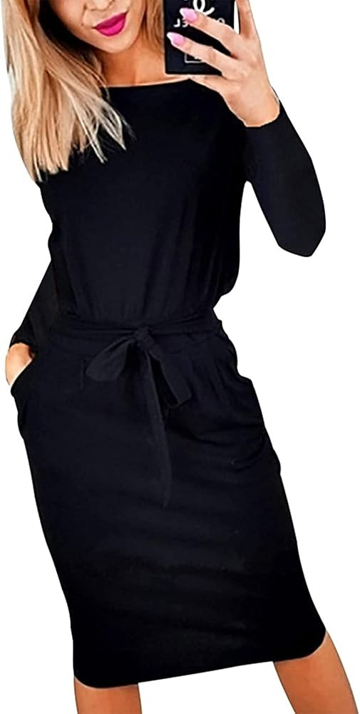 PRETTYGARDEN Women's Fashion Casual Long Sleeve Belted Party Bodycon Sheath Pencil Dress | Amazon (US)