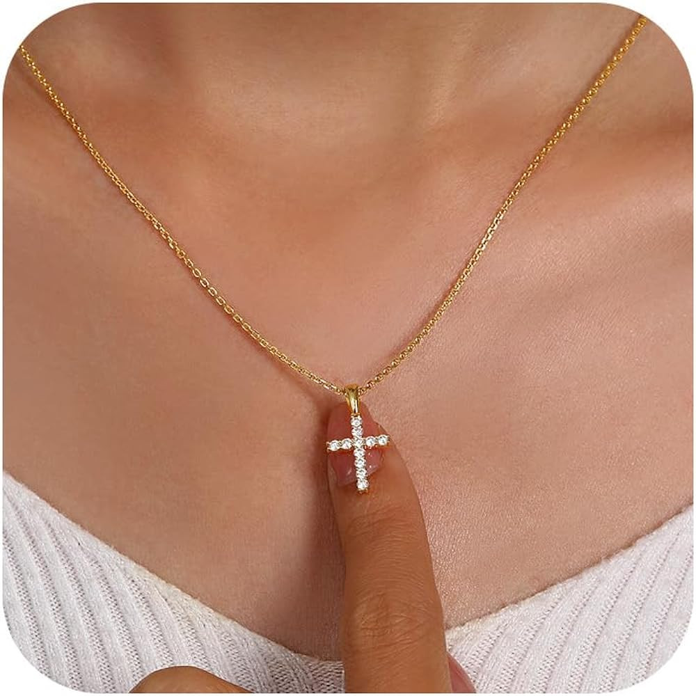 Moissanite Small Cross Necklace for Women: Dainty Tiny 14K Gold Plated Sterling Silver Pendant Si... | Amazon (US)