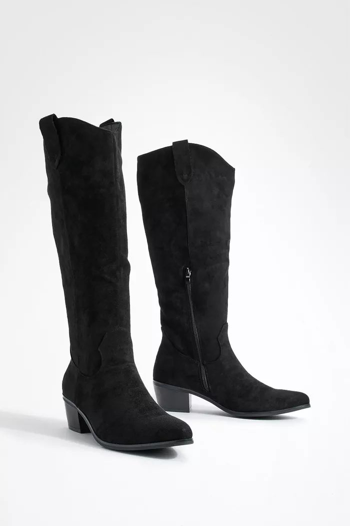Tab Detail Knee High Cowboy Boots | boohoo (US & Canada)