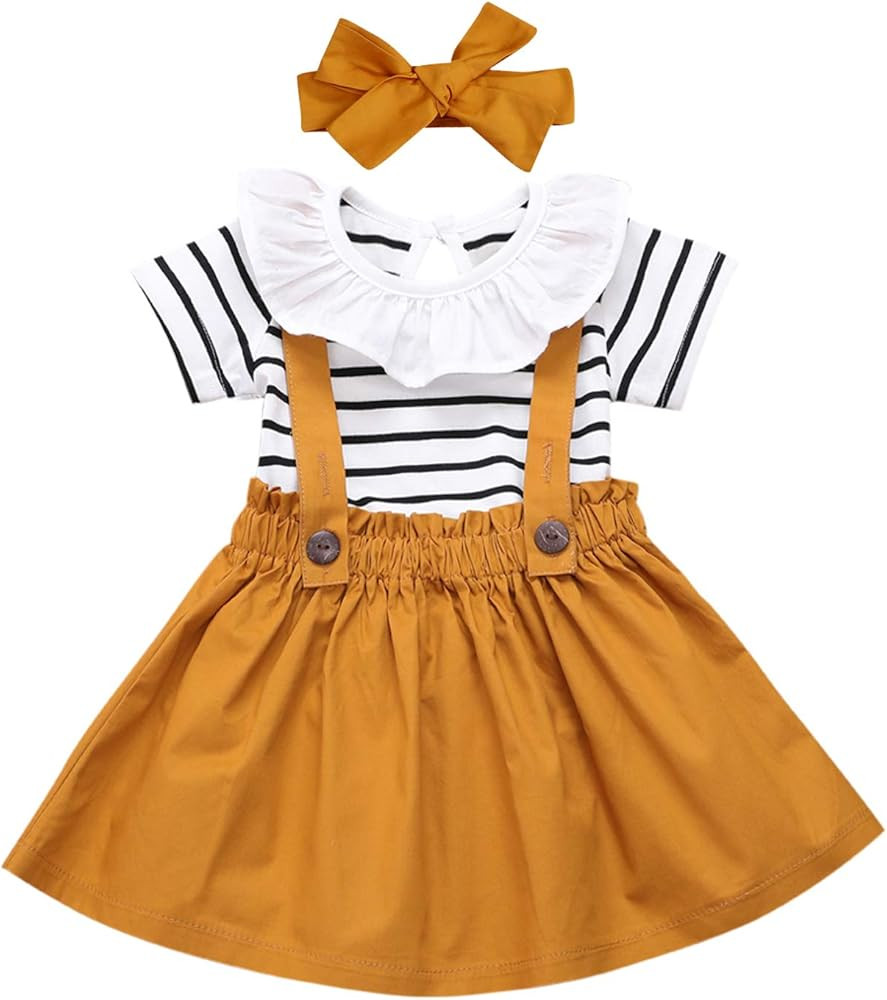 Toddler Girls Outfits 3pcs Baby Romper Clothes Set Girl Floral Jumpsuit+Strap Skirt Outfits | Amazon (US)