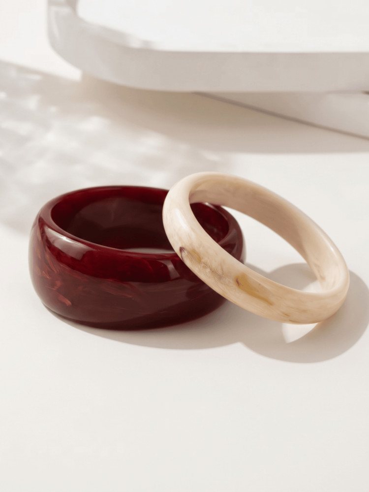 2pcs/Set Burgundy & Beige Textured Wide Resin Bracelets, Fashion Vintage Stackable Daily Women's ... | SHEIN