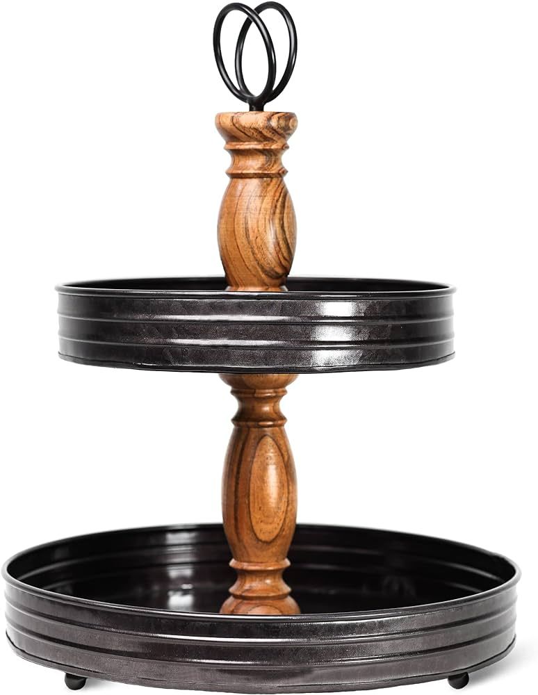 BlackRidge Home 2 Tier Tray Stand - Acacia Wood and Black Metal Two Tiered Tray Decor, Serving Tr... | Amazon (US)