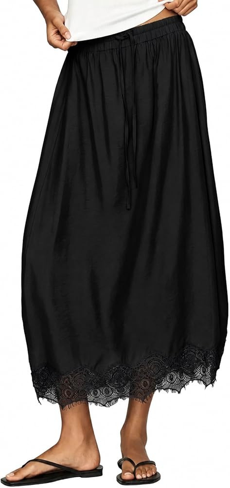 Yidarer Women's Drawstring Elastic Waist Lace Hem Midi Skirt with Pockets | Amazon (US)