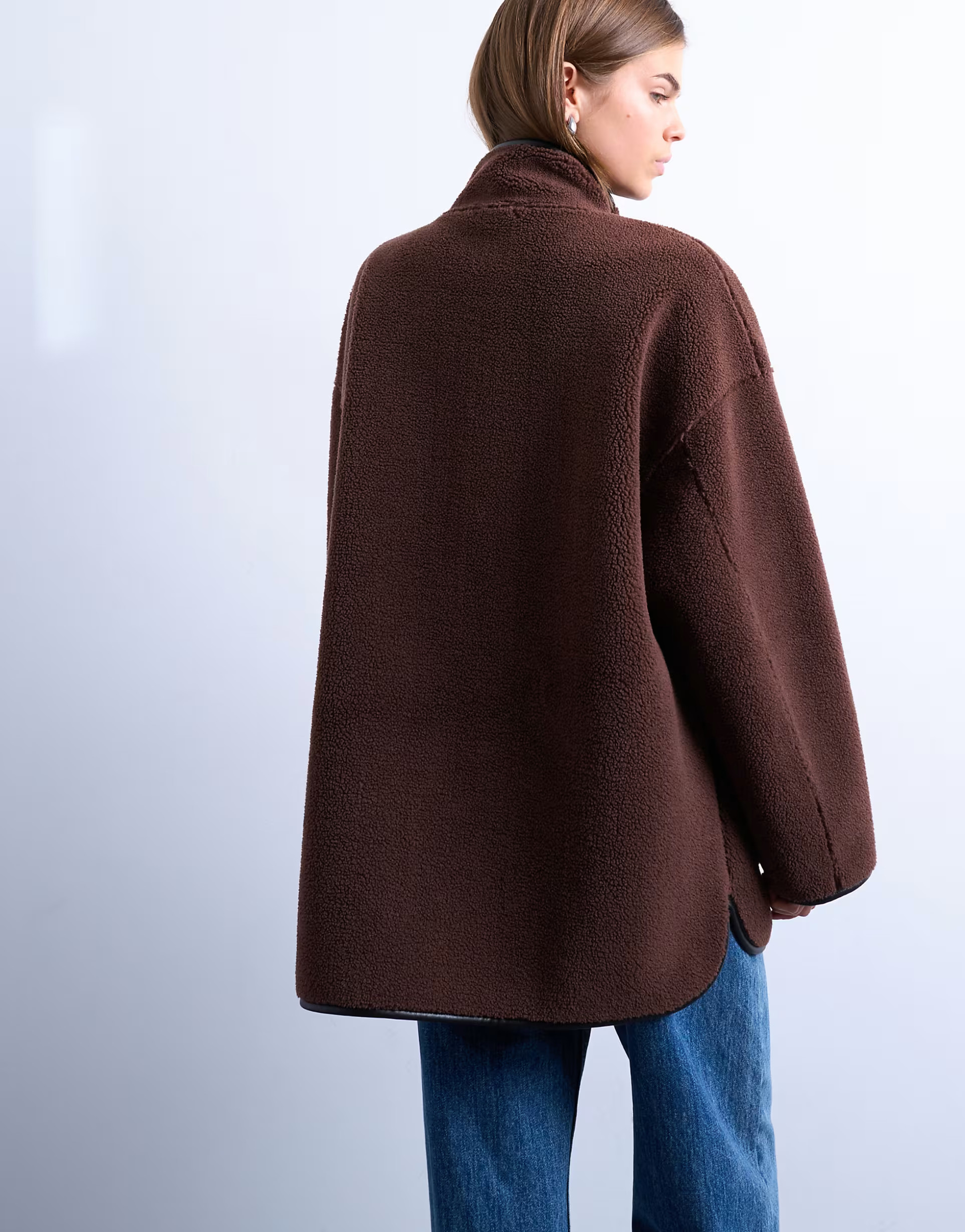 Topshop longline high neck throw on faux shearling jacket in chocolate | ASOS (Global)