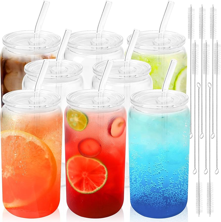 Joyclub 8pcs Glass Cups with Acrylic Lids and Straws 16 oz Can Shaped Glass Iced Coffee Cups with... | Amazon (US)