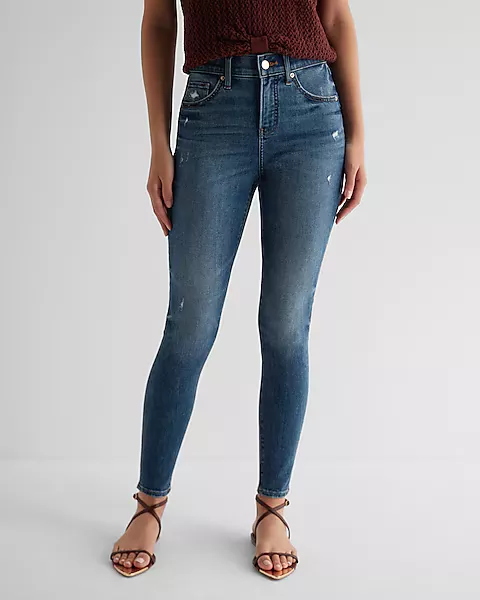 High Waisted Dark Wash Raw Hem Flexx Straight Ankle Jeans