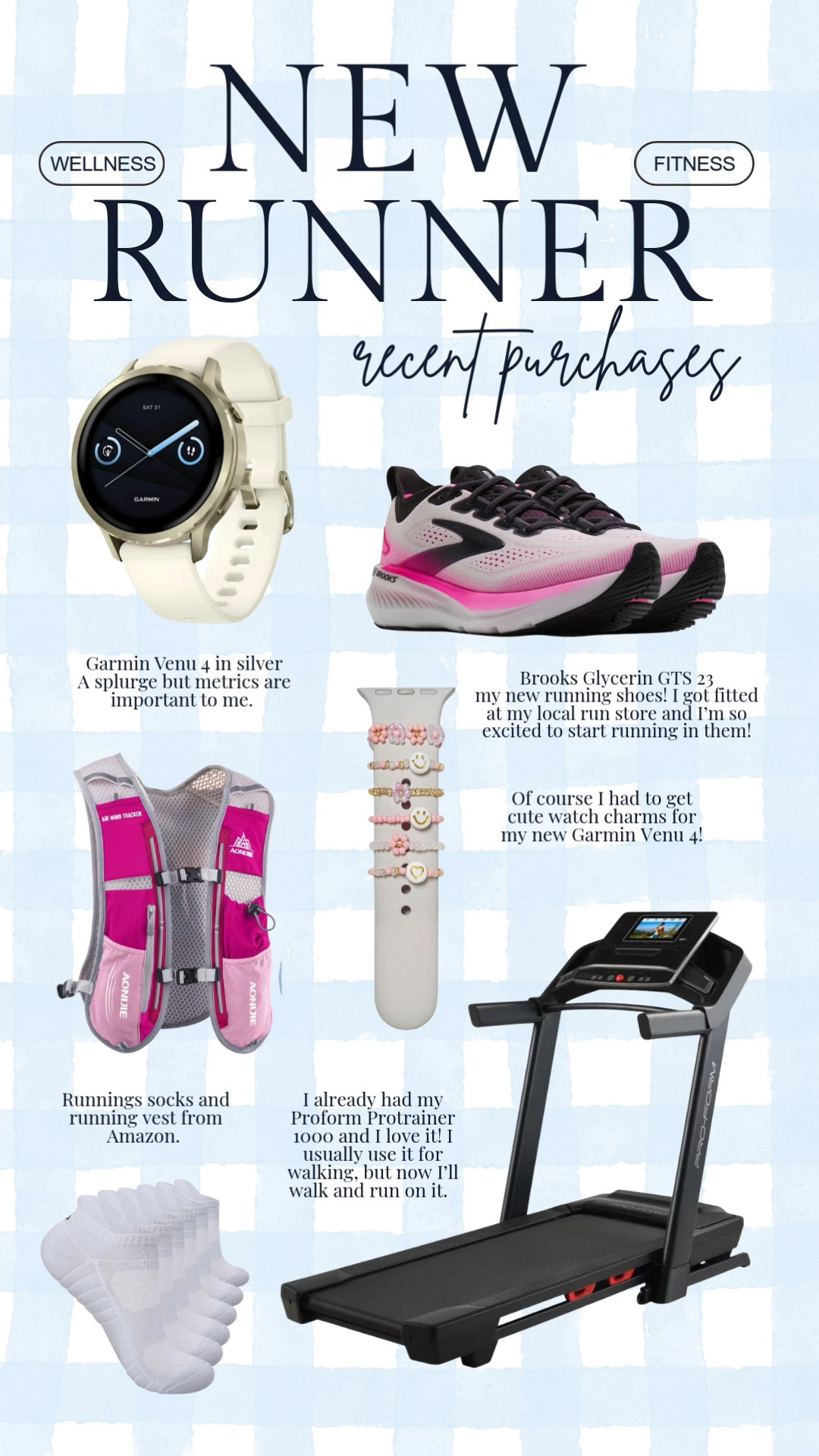 New runner recent purchases I’m a newbie runner, but these are some of the items I’ve picked up. My Proform treadmill I love already and use it for walking daily.  I also decided to get a Garmin Watch, the Garmin Venu 4. My sneakers are the Brooks Gylcerin GTS 23 

#LTKMidsize #LTKfitnessgoals #LTKActive