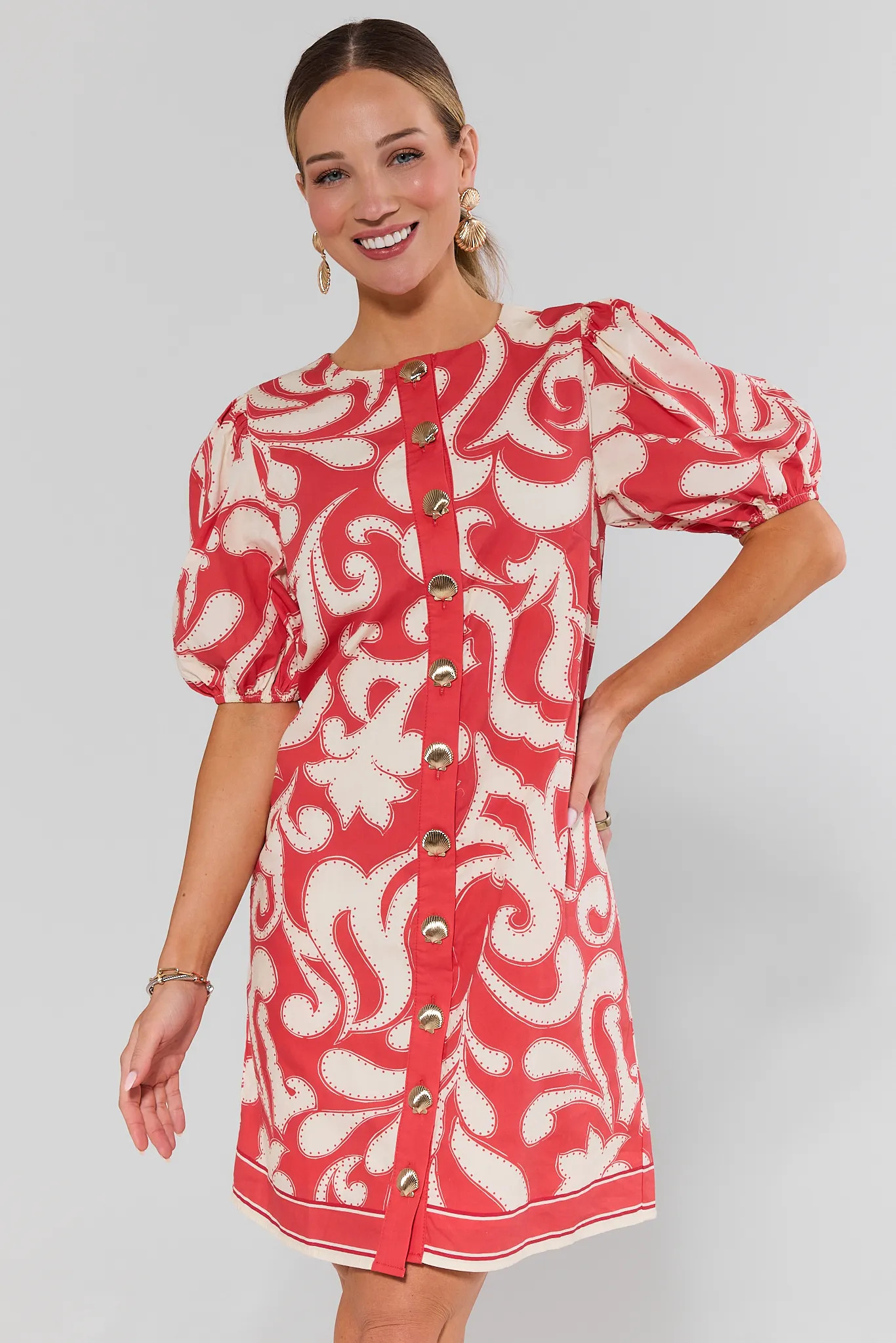 Red Printed Button Up Short Dress | Avara