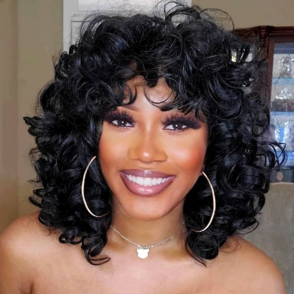 andromeda Curly Wigs for Black Women Soft Black Short Curly Wig with Bangs Afro Loose Curls Heat ... | Amazon (US)