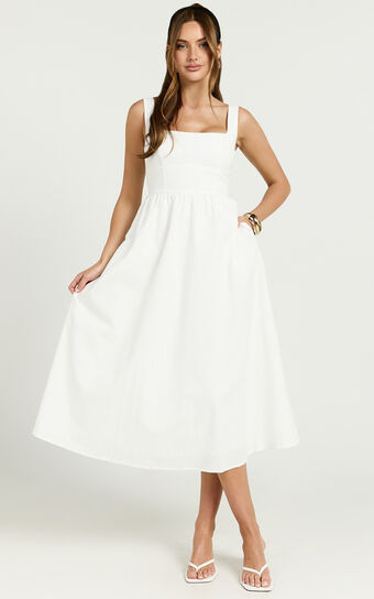 Khari Midi Dress - Linen Look Square A Line Dress in White | Showpo (ANZ)