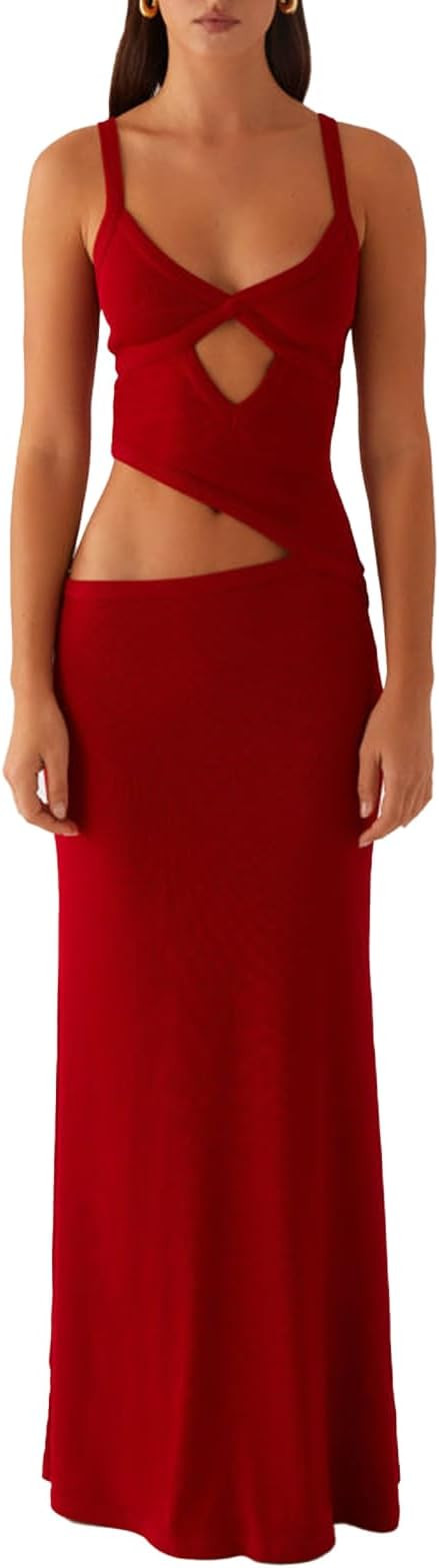 Women Sexy Maxi Dress Cut Out V Neck Spaghetti Straps Bodycon Long Dress Summer Party Cocktail We... | Amazon (US)