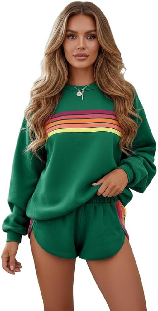 2 Piece Lounge Sets for Women Spring Rainbow Striped Long Sleeve Casual Sweatshirt Shorts Matchin... | Amazon (US)