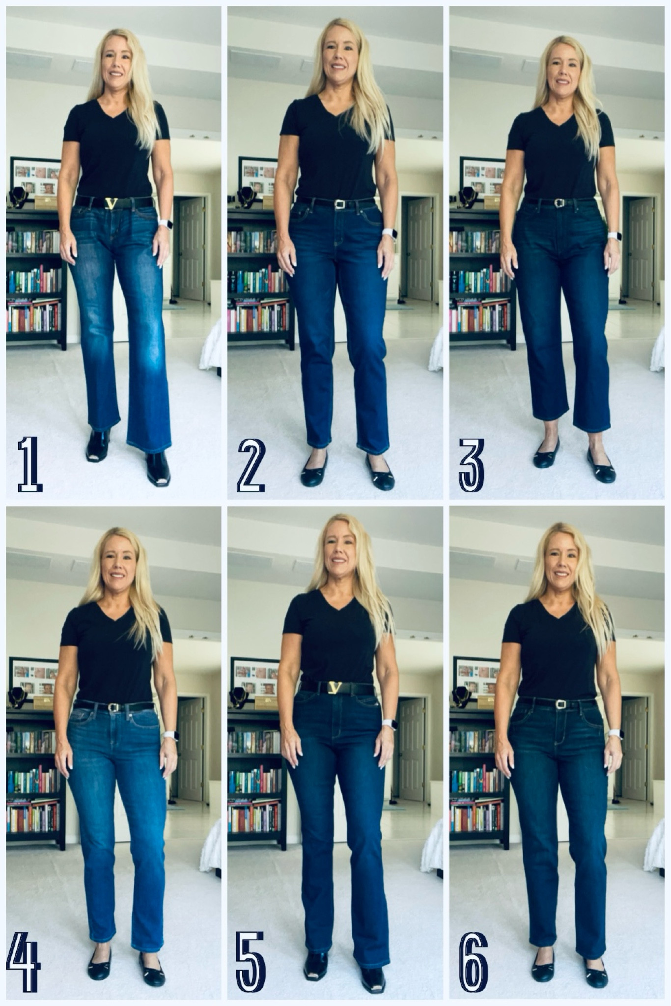 #1 Levi’s super low waist, bootcut, size 31/32
#2 Time and Tru Mid-rise, straight leg, size 10
#3 Sofia Vergara Paloma, Super High Rise, slim, crop, size 10
#4 Lucky Brand, Mid-Rise, straight, size 8
#5 Sofia Vergara Marisol, Curvy bootcut, Super High Rise, size 10
#6 Democracy Mid- Rise, ab Technology, booty lift, straight, size 10 

