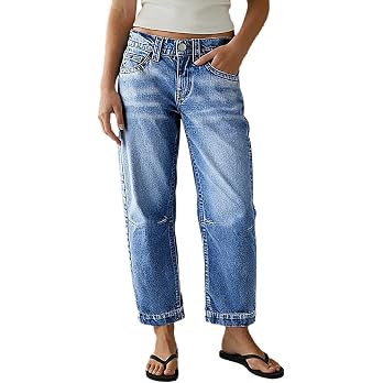 Flamingals Straight Leg Cropped Jeans for Women Mid Waist Stitch Detail Casual Denim Pants | Amazon (US)