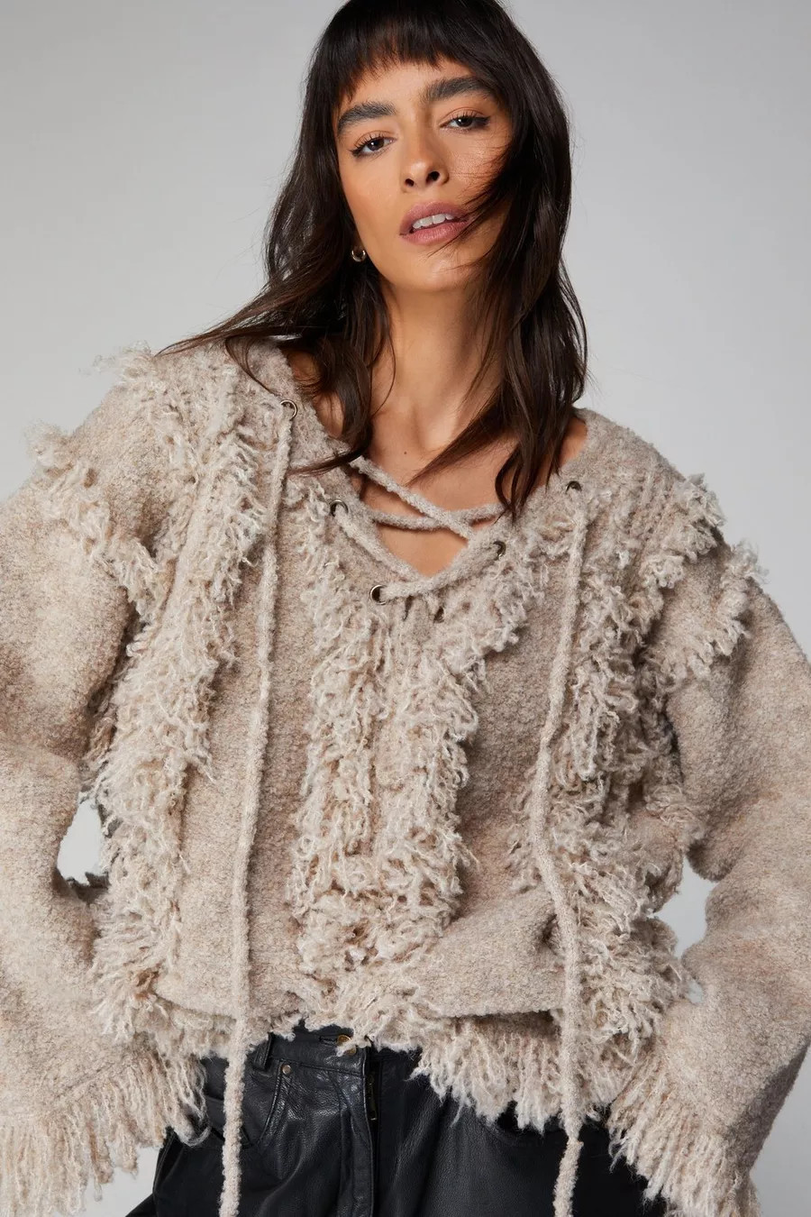 Oversized Lace Up Fringe Sweater | Nasty Gal US