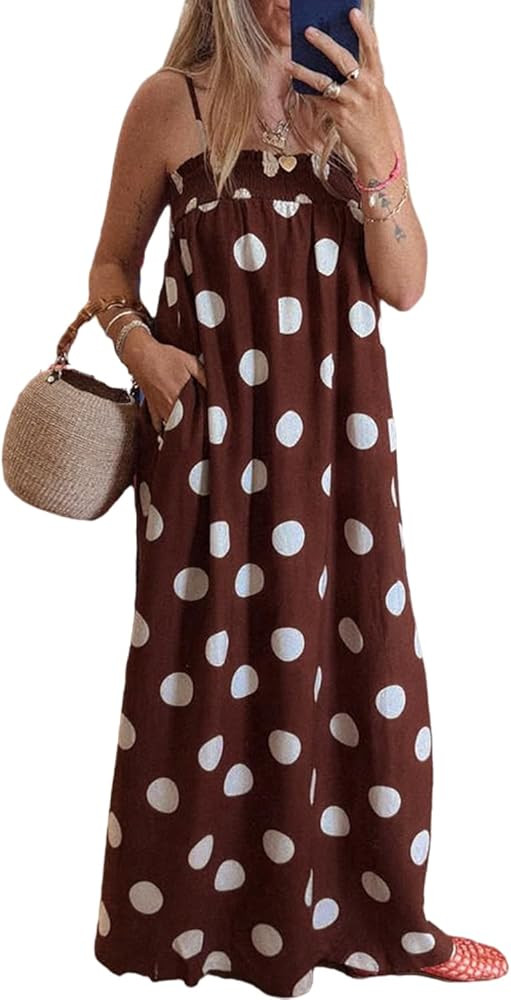 yoeasy Womens Summer Spaghetti Straps Maxi Dress Casual Polka Dot Smocked Vacation Beach Flowy Lo... | Amazon (US)