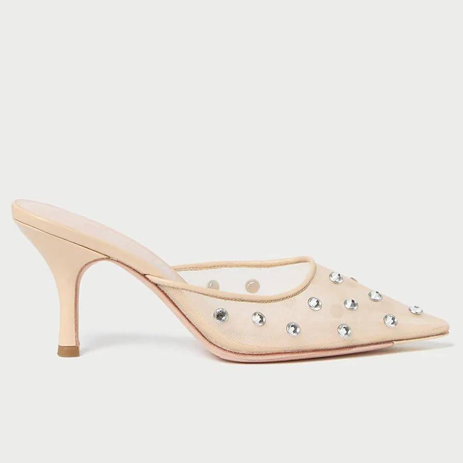 Mesh Heel Mule for Women Rhinestone Embellished Pointed Toe kitten Heel Mules Sandals Slip On Dre... | Amazon (US)