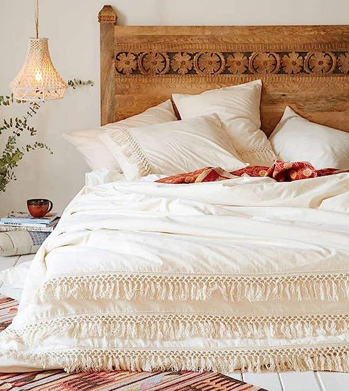 White Duvet Cover Fringed Cotton Tassel Duvet Cover Quilt Cover Full Queen, 86inx90in | Amazon (US)