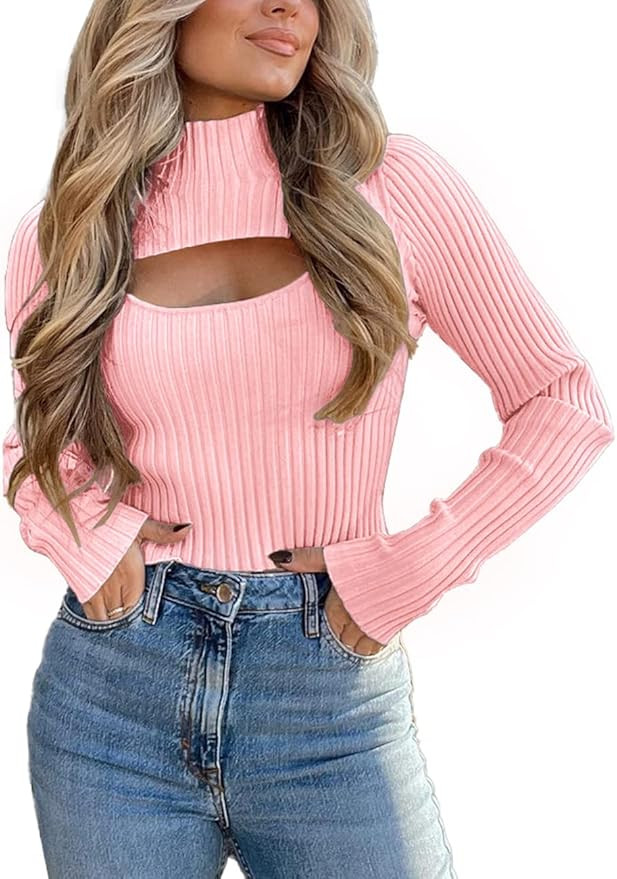 PRETTYGARDEN Women's 2023 Fashion Fall Clothes 2 Piece Cutout Tops Long Sleeve Mock Neck Rib Knit... | Amazon (US)