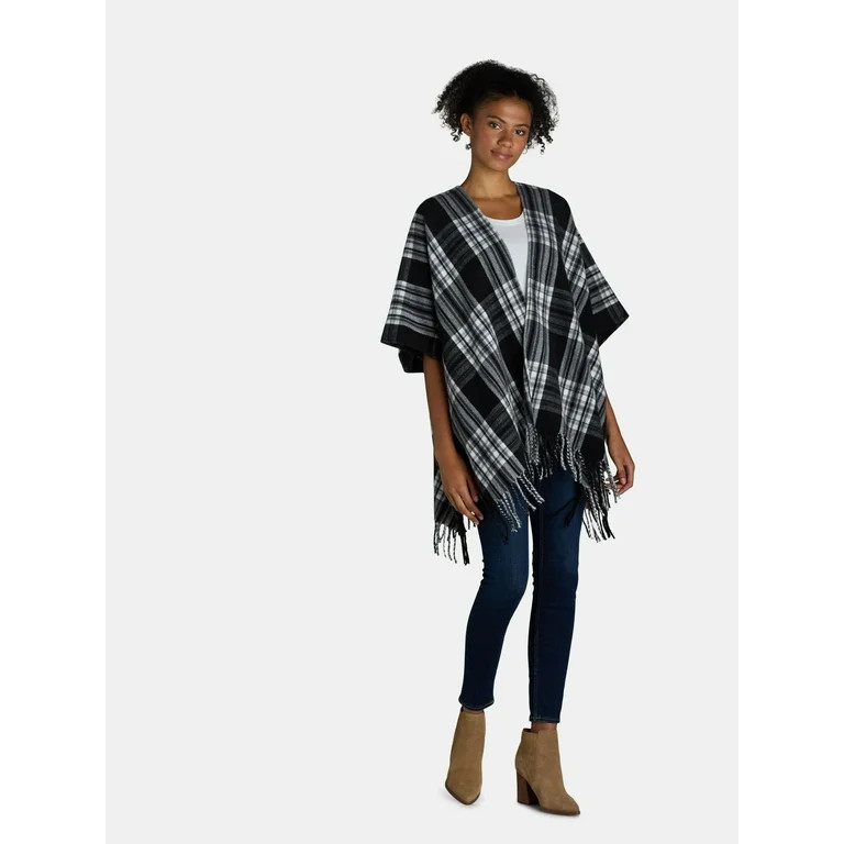 Time and Tru Women's Plaid Fashion Ruana, One Size, Black | Walmart (US)