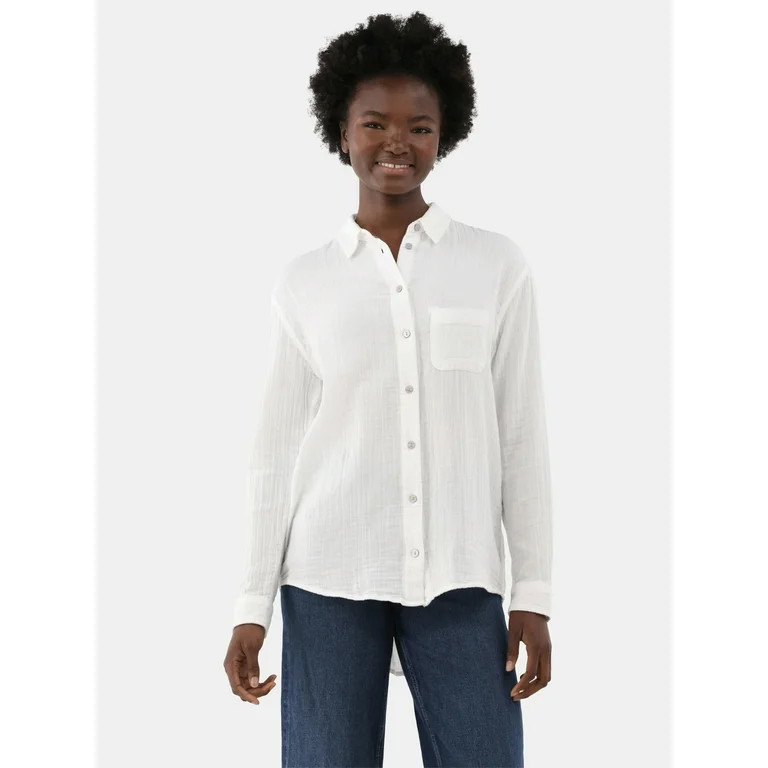 Time and Tru Women's Double Cloth Cotton Shirt, Sizes S-XXXL | Walmart (US)