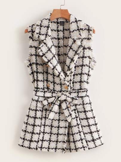 SHEIN Plaid Pattern Raw Trim Belted Tweed Vest Overcoat
   SKU: sw2109270601643901      
        ... | SHEIN