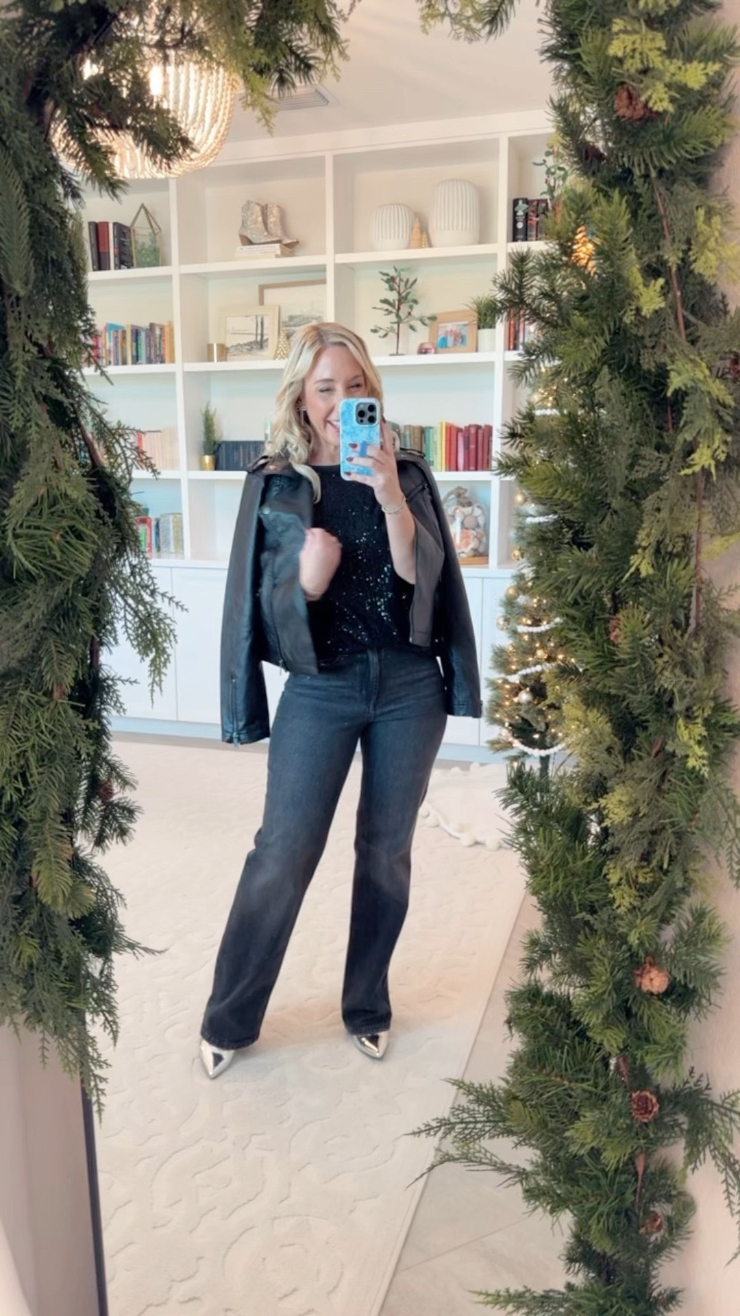 • Black high-rise sparkle, relaxed, straight jean - size 4. 30% off.
• Sequin short sleeve tee - size XS. 30% off
(Faux leather moto jacket - size small (black) 50% off.

#LTKWatchNow #LTKSeasonal #LTKHoliday