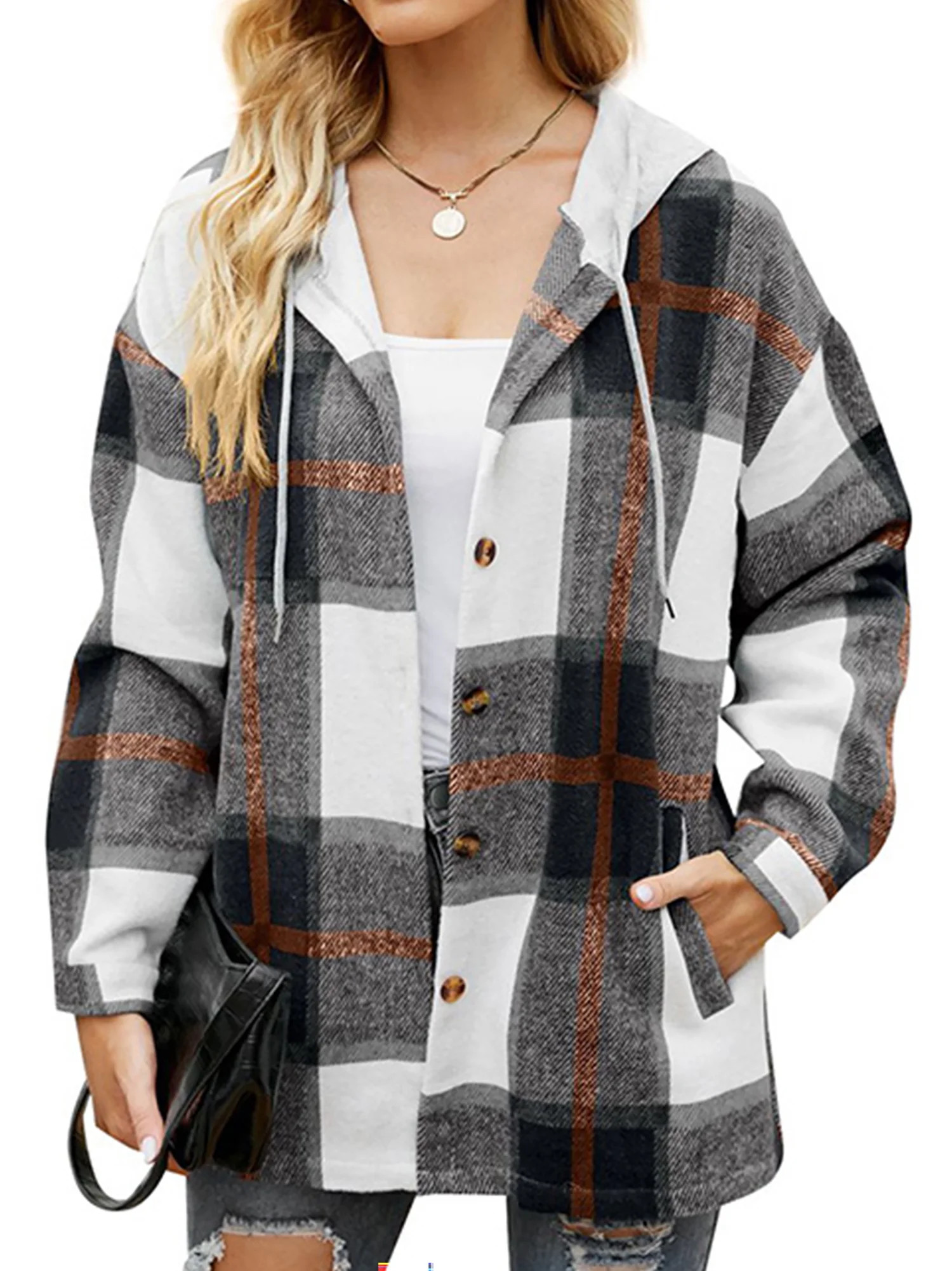 MOSHU Flannel Shirts for Women Button Down Plaid Shirt Hooded Shacket Jacket with Pocket | Walmart (US)
