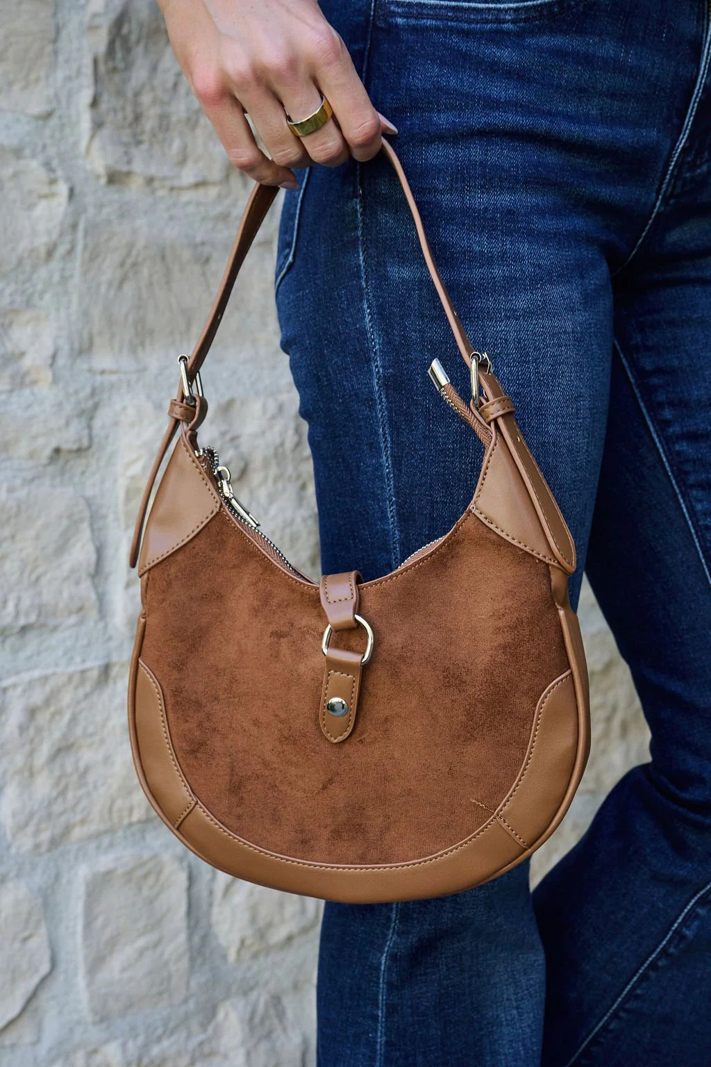 Brown Leather Suede Crescent Shoulder Bag | Magnolia Boutique