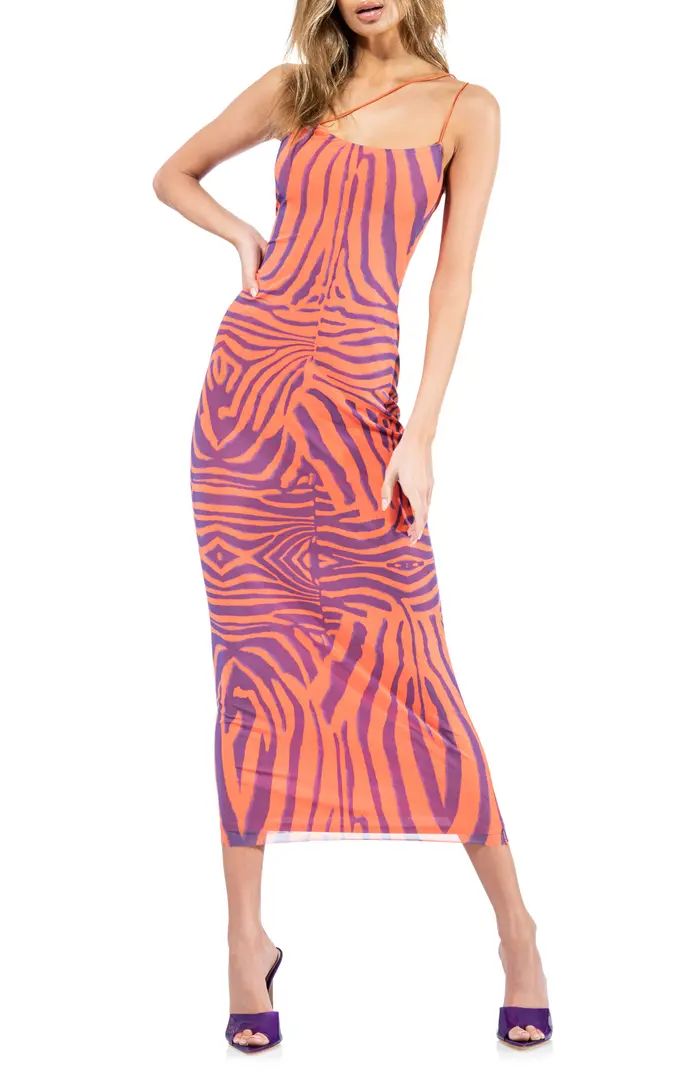 Analena One-Shoulder Zebra Print Mesh Midi Dress | Nordstrom