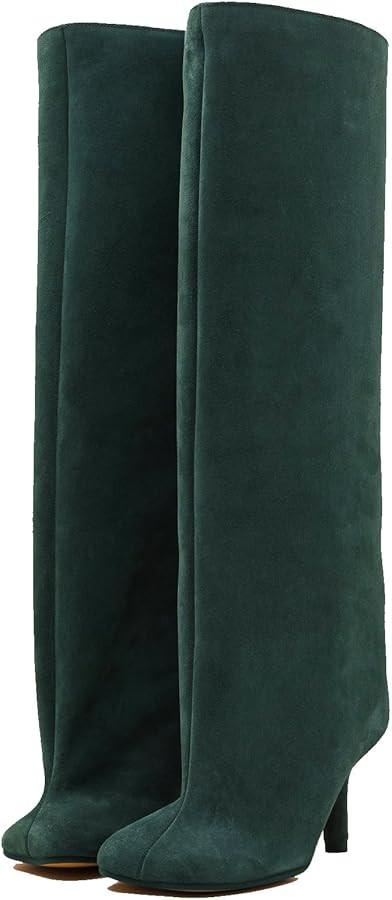 UBWDU Women's Suede Knee High Boots Square Toe Stiletto Heels Wide Calf Tall Boots | Amazon (US)