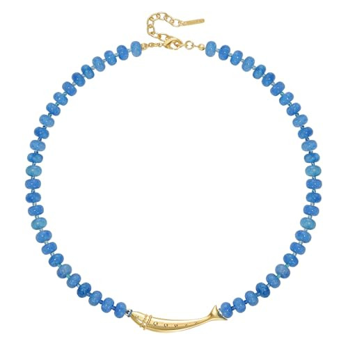 KissYan Beaded Gemstone Necklace for Women, 14K Gold Plated Fish Charm Blue Bead Choker, Natural ... | Amazon (US)
