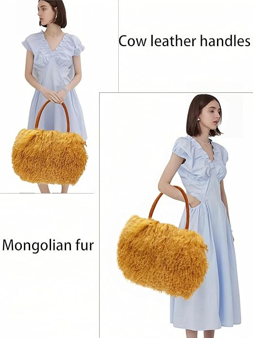 Women Luxury Real Lamb/Mongolian Flush Wool Fur With Genuine Leather Handles Handbag | Amazon (US)