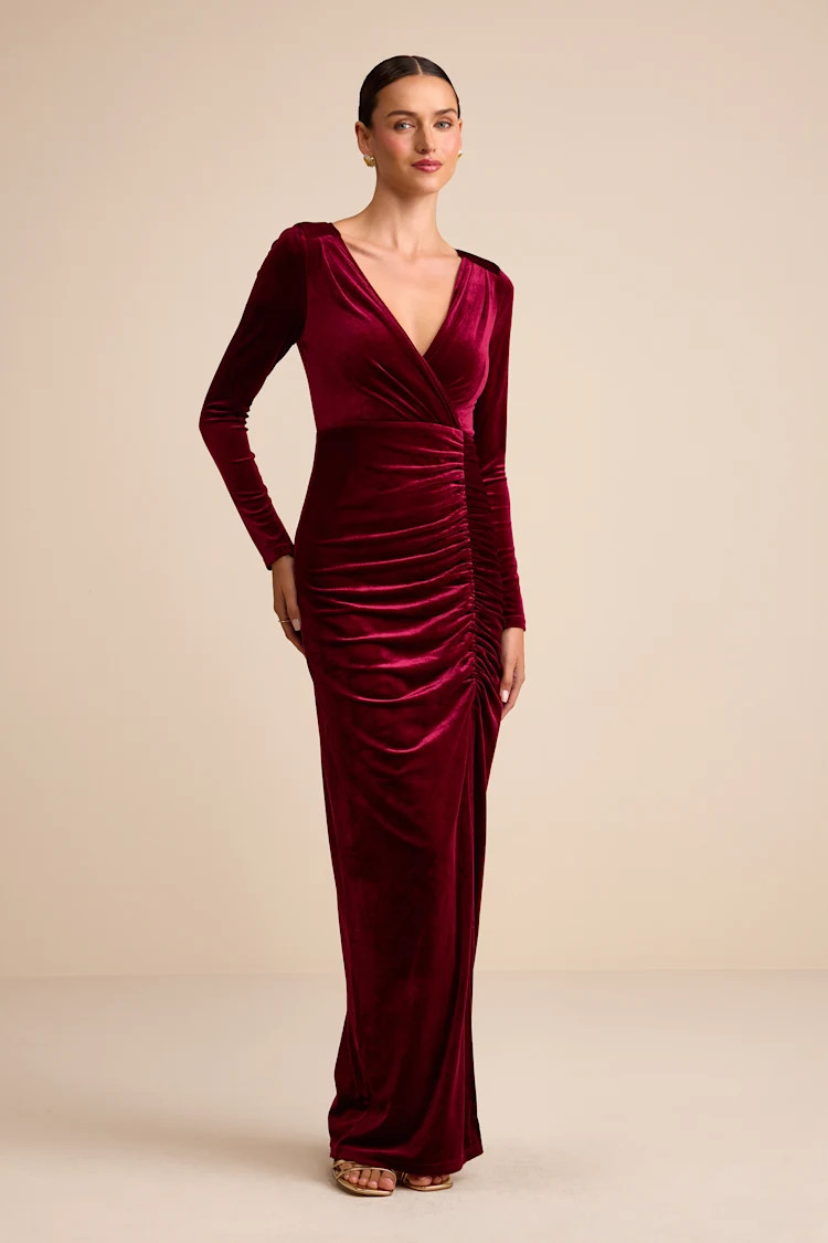 Yasna Burgundy Velvet Ruched Surplice Long Sleeve Maxi Dress | Lulus