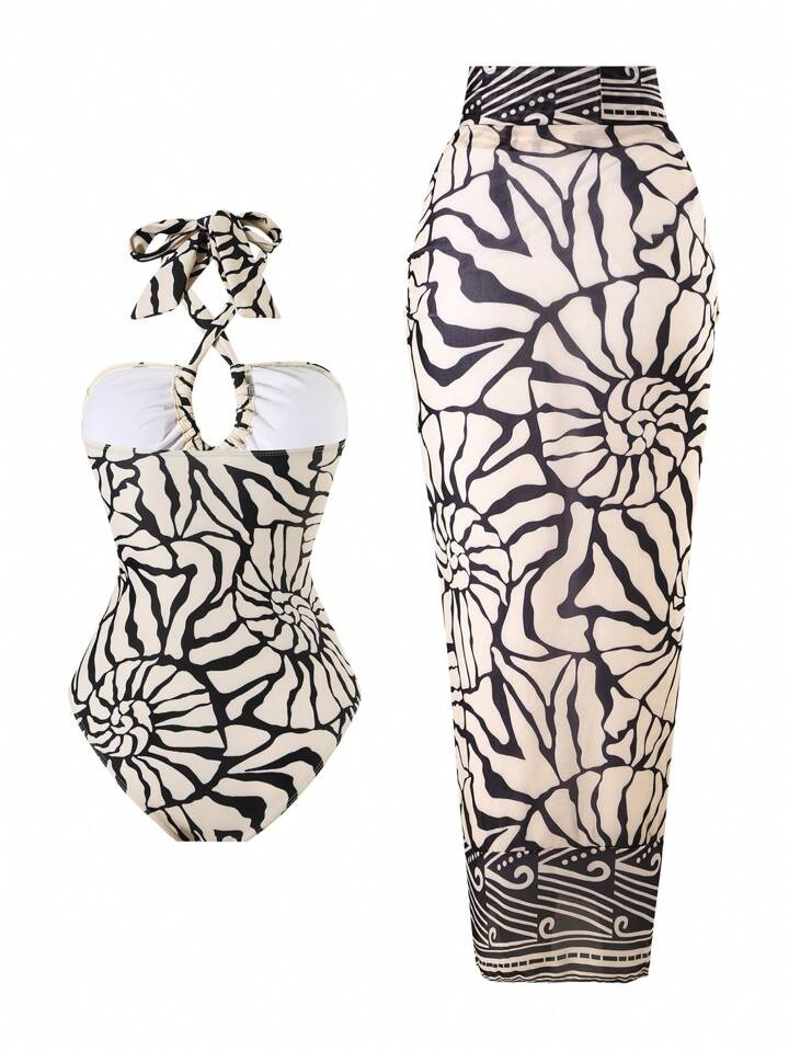 Swim Oasis 2pcs/Set New Women Swimsuit Knitted Elegant Random Print Cross Halter High Cut One-Pie... | SHEIN