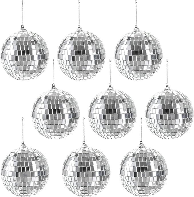 Suwimut 9 Pieces Mirror Disco Ball, 4 Inches Silver Hanging Disco Ball With Attached String for R... | Amazon (US)