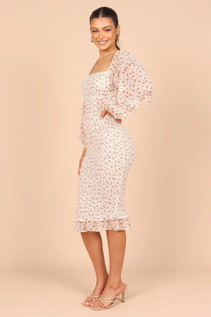 Bonita Shirred Frill Long Sleeve Bodycon Midi Dress - Cream Floral | Petal & Pup (US)