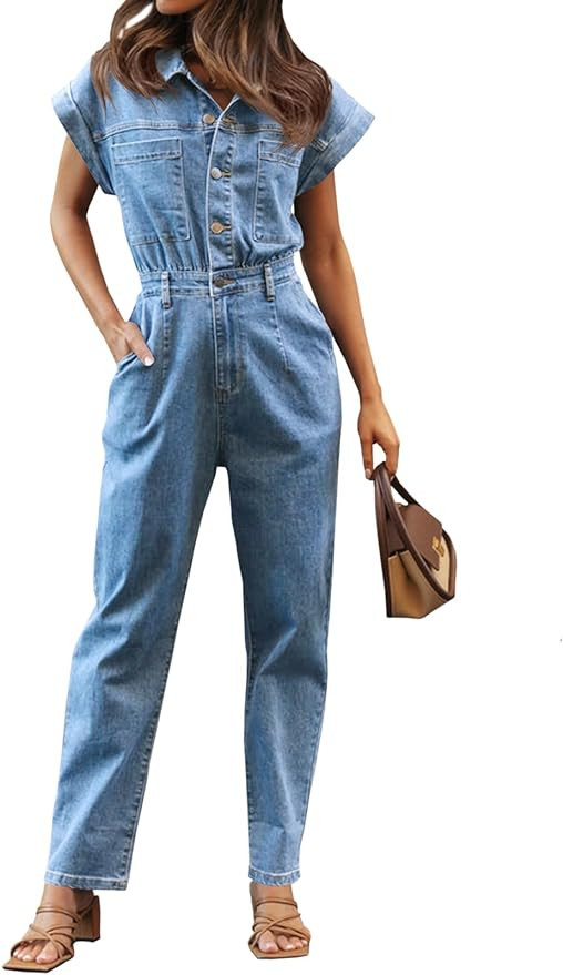 Tongmingyun Women's Cap Sleeve Denim Jumpsuit Button Down Straight Leg Jeans Long Pants Rompers w... | Amazon (US)