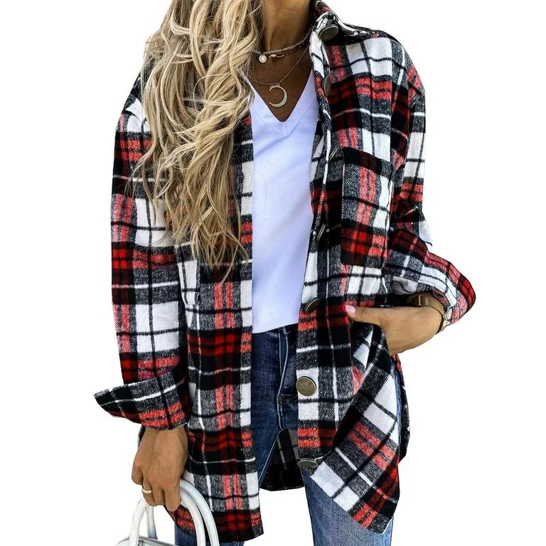 Sunisery Womens Plaid Flannel Shirt Jacket Button Down Long Sleeve Wool Blend Shacket Fall Outwea... | Walmart (US)