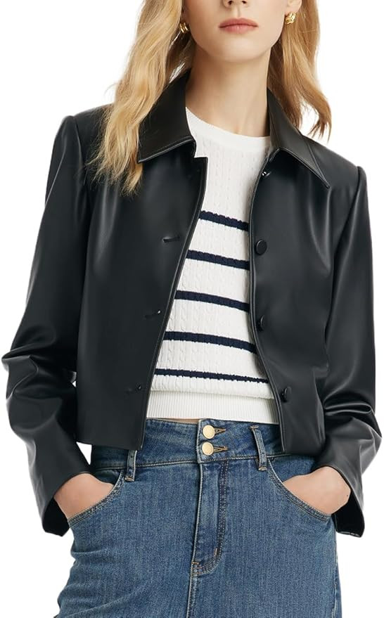 Cropped Leather Jacket Women Turndown Collar Button Up Casual Faux Leather Blazer Jackets | Amazon (US)