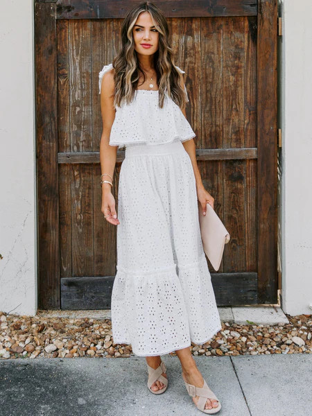 'Lennon' Ruffle Strap Tie Embroidery Maxi Dress | Goodnight Macaroon